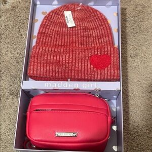 Madden Girl Red Heart Beanie and Bag Set